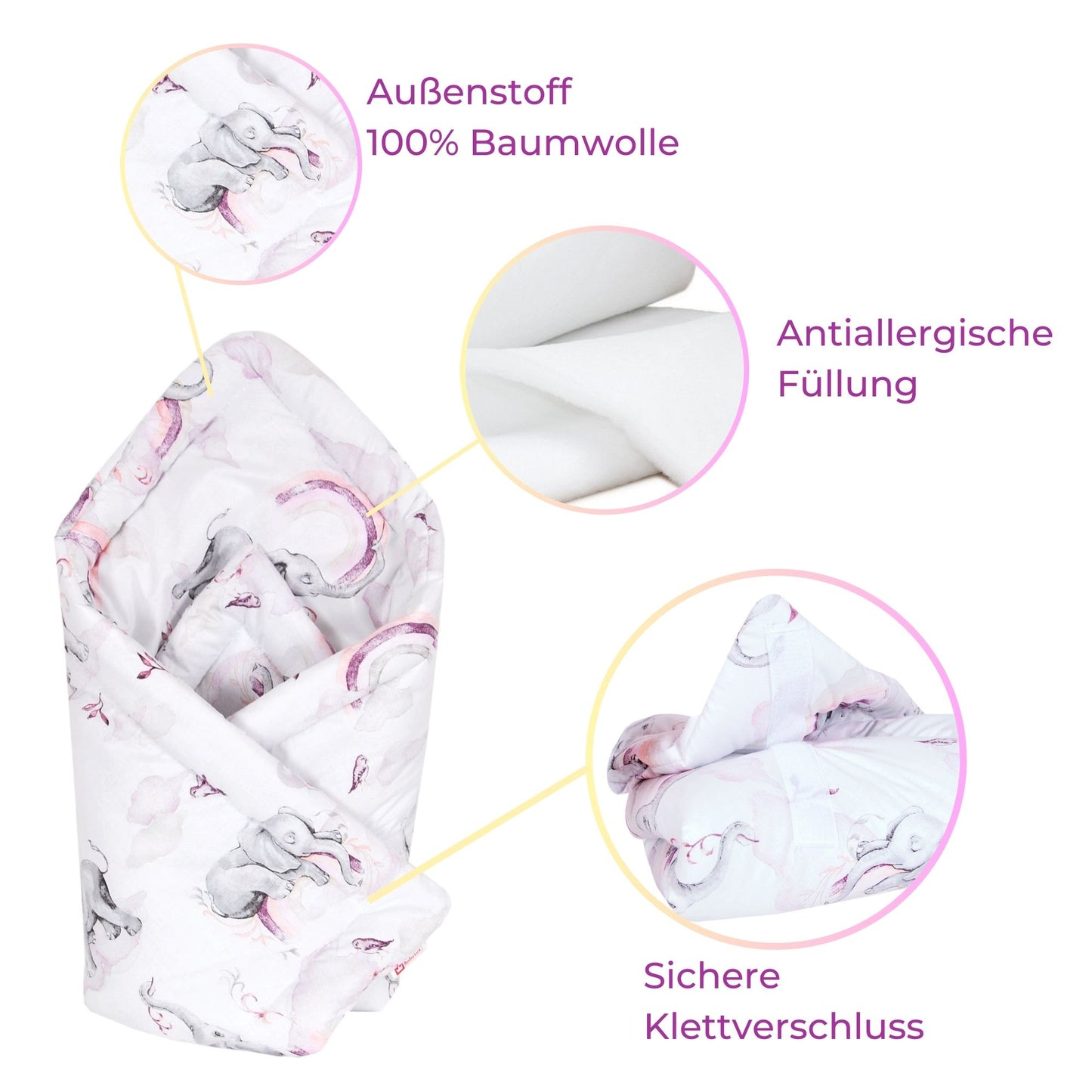 BABYLUX Einschlagdecke BABYHÖRNCHEN 75 x 75 cm Baby Neugeborene Erstaussttatung 125. Elefanten Rosa