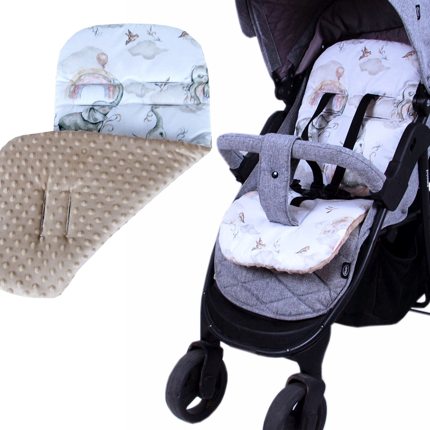 BabyLux Sitzauflage für Kinderwagen Buggy Sitzeinlage Kinderwagenauflage S127. Elefanten Beige