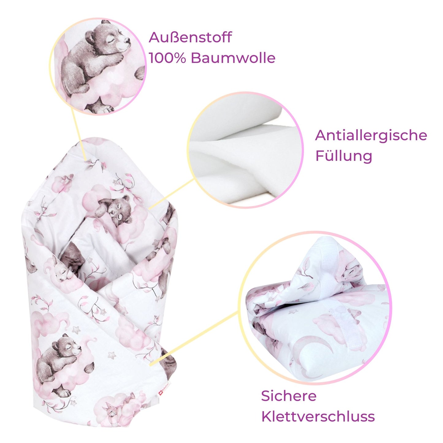 BABYLUX Einschlagdecke BABYHÖRNCHEN 75 x 75 cm Baby Neugeborene Erstaussttatung 128. Bär Rosa