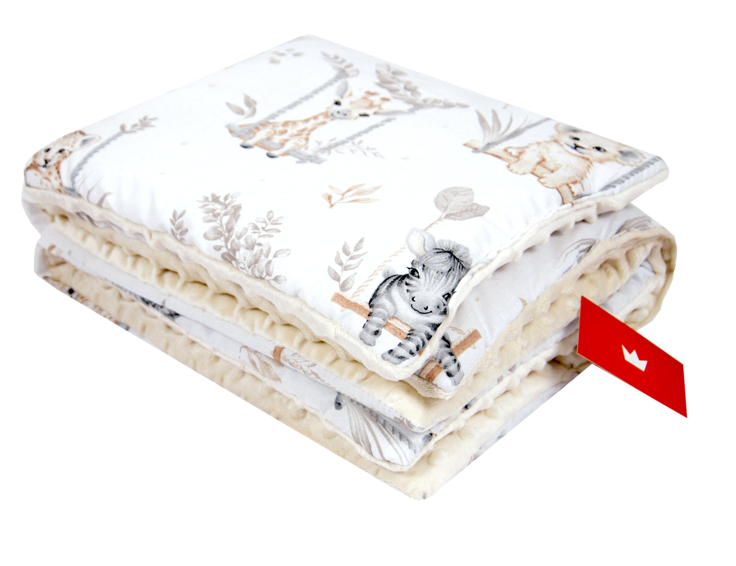 BABYLUX Babydecke Minky Plüsch 75x60 cm mit Kissen 35x30 cm – Weiche Baby Kuscheldecke für Kinderwagen, Neugeborene & Babyschale MP139 - Ecru + Tiere auf der Schaukel