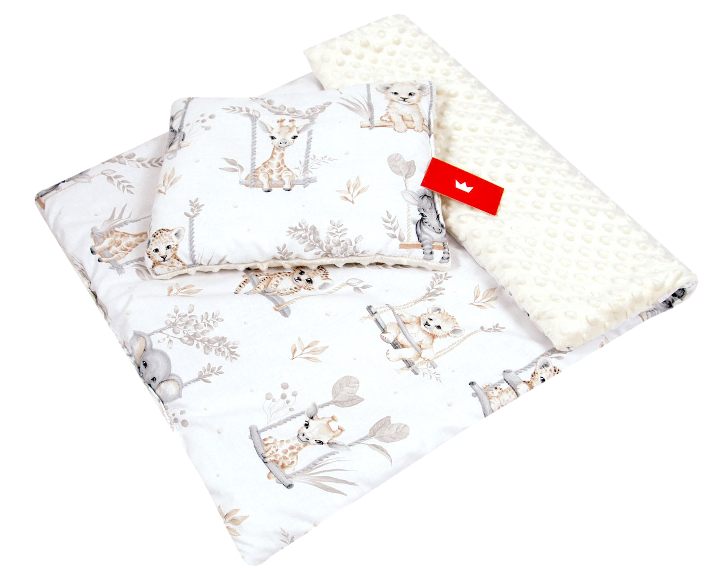 BABYLUX Babydecke Minky Plüsch 75x60 cm mit Kissen 35x30 cm – Weiche Baby Kuscheldecke für Kinderwagen, Neugeborene & Babyschale MP139 - Ecru + Tiere auf der Schaukel