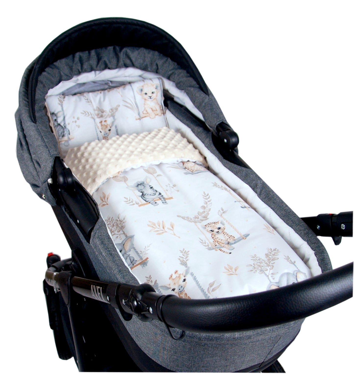 BABYLUX Babydecke Minky Plüsch 75x60 cm mit Kissen 35x30 cm – Weiche Baby Kuscheldecke für Kinderwagen, Neugeborene & Babyschale MP139 - Ecru + Tiere auf der Schaukel