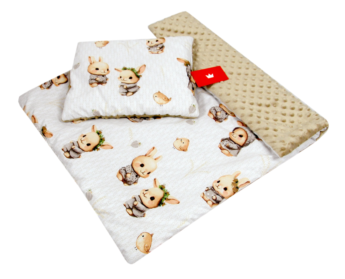 BABYLUX Babydecke Minky Plüsch 75x60 cm mit Kissen 35x30 cm – Weiche Baby Kuscheldecke für Kinderwagen, Neugeborene & Babyschale MP150 - Beige + Häschen