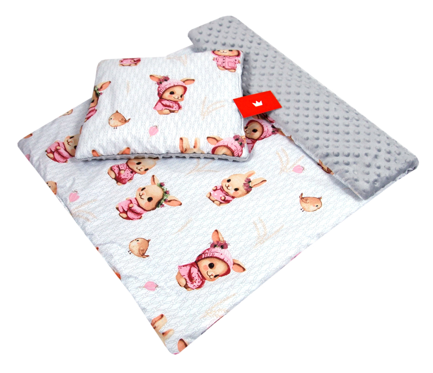 BABYLUX Babydecke Minky Plüsch 75x60 cm mit Kissen 35x30 cm – Weiche Baby Kuscheldecke für Kinderwagen, Neugeborene & Babyschale MP151 - Grau + Häschen