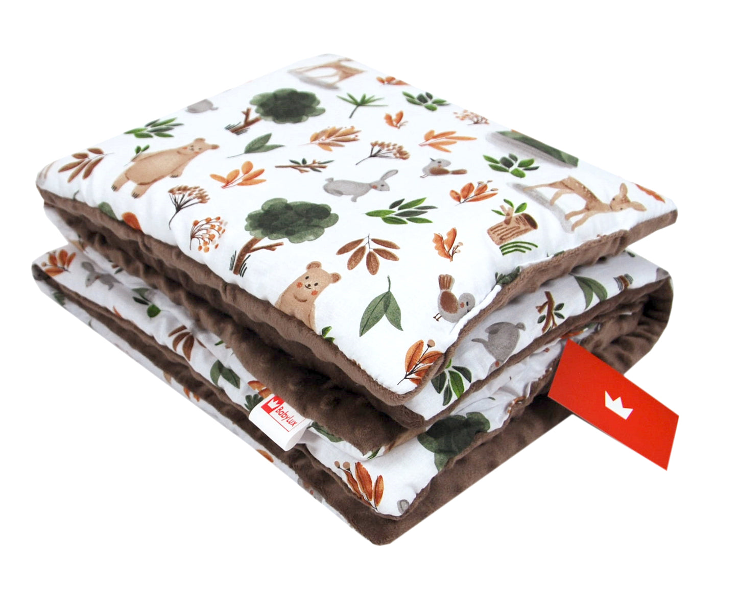 BABYLUX Babydecke Minky Plüsch 75x60 cm mit Kissen 35x30 cm – Weiche Baby Kuscheldecke für Kinderwagen, Neugeborene & Babyschale MP152 - Braun + Wald