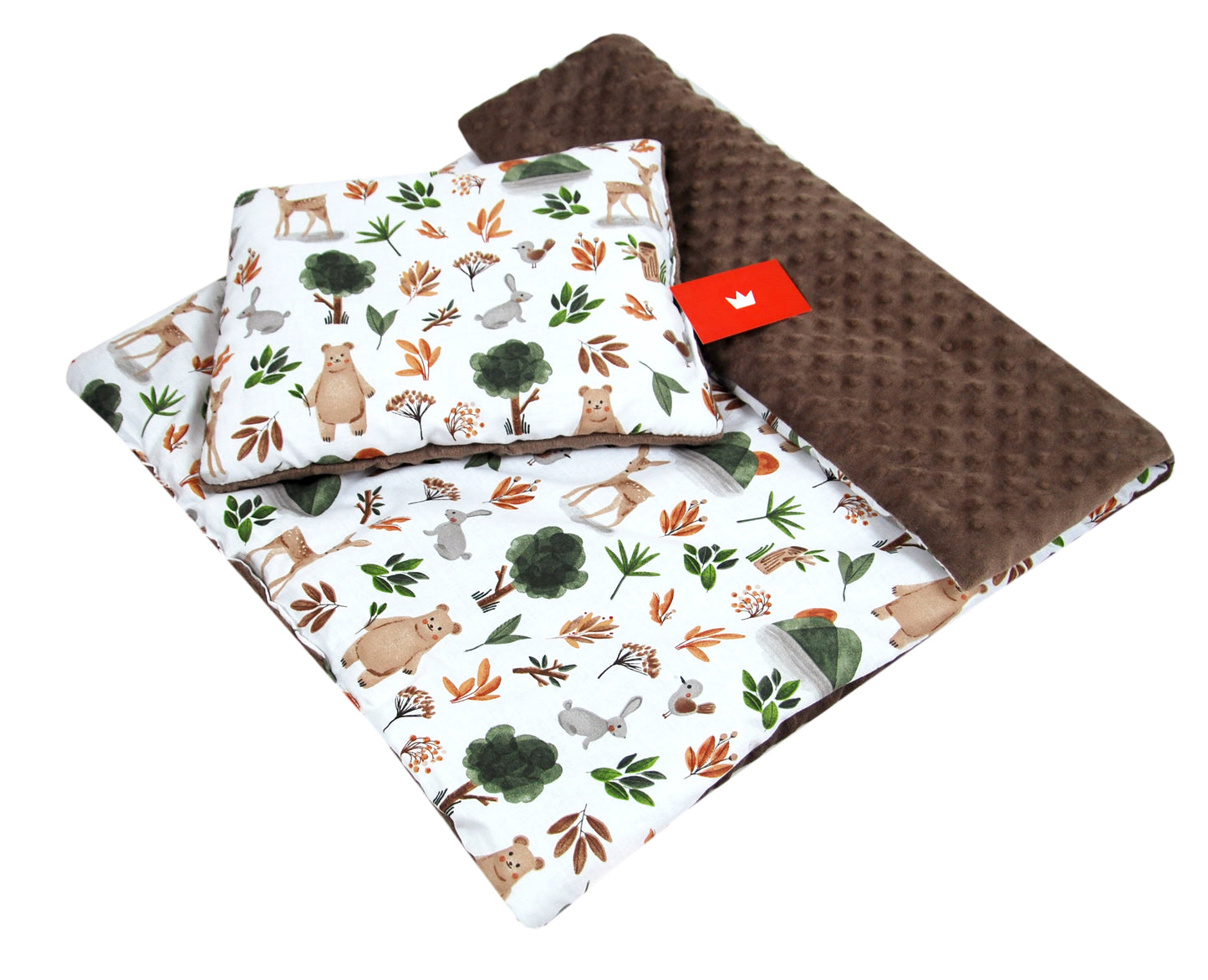 BABYLUX Babydecke Minky Plüsch 75x60 cm mit Kissen 35x30 cm – Weiche Baby Kuscheldecke für Kinderwagen, Neugeborene & Babyschale MP152 - Braun + Wald