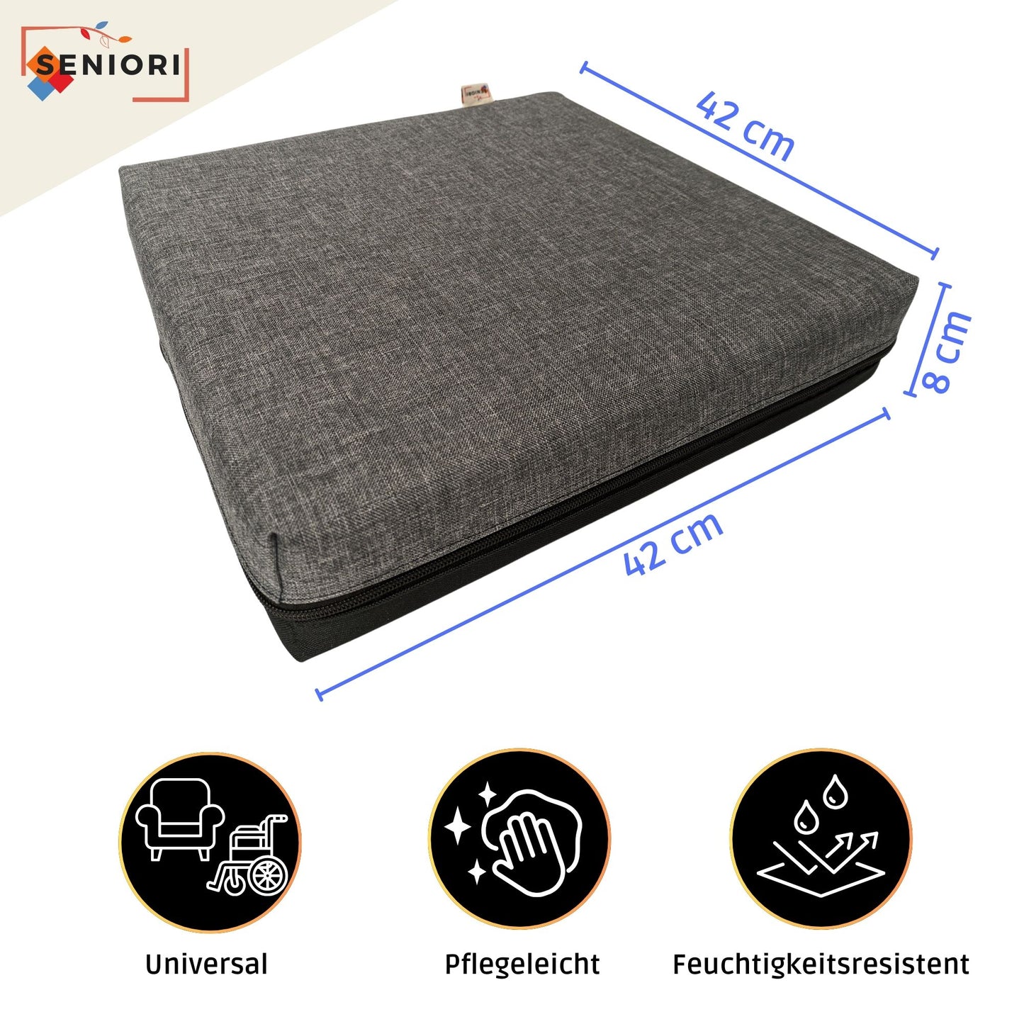 SENIORI Rollstuhlkissen Sitzkissen für Rollstuhl Sitzerhöhungv 42 x 42 x 8 cm Antidekubitus Kissen mit doppelter Schaumstoffschicht (3K. Grau)