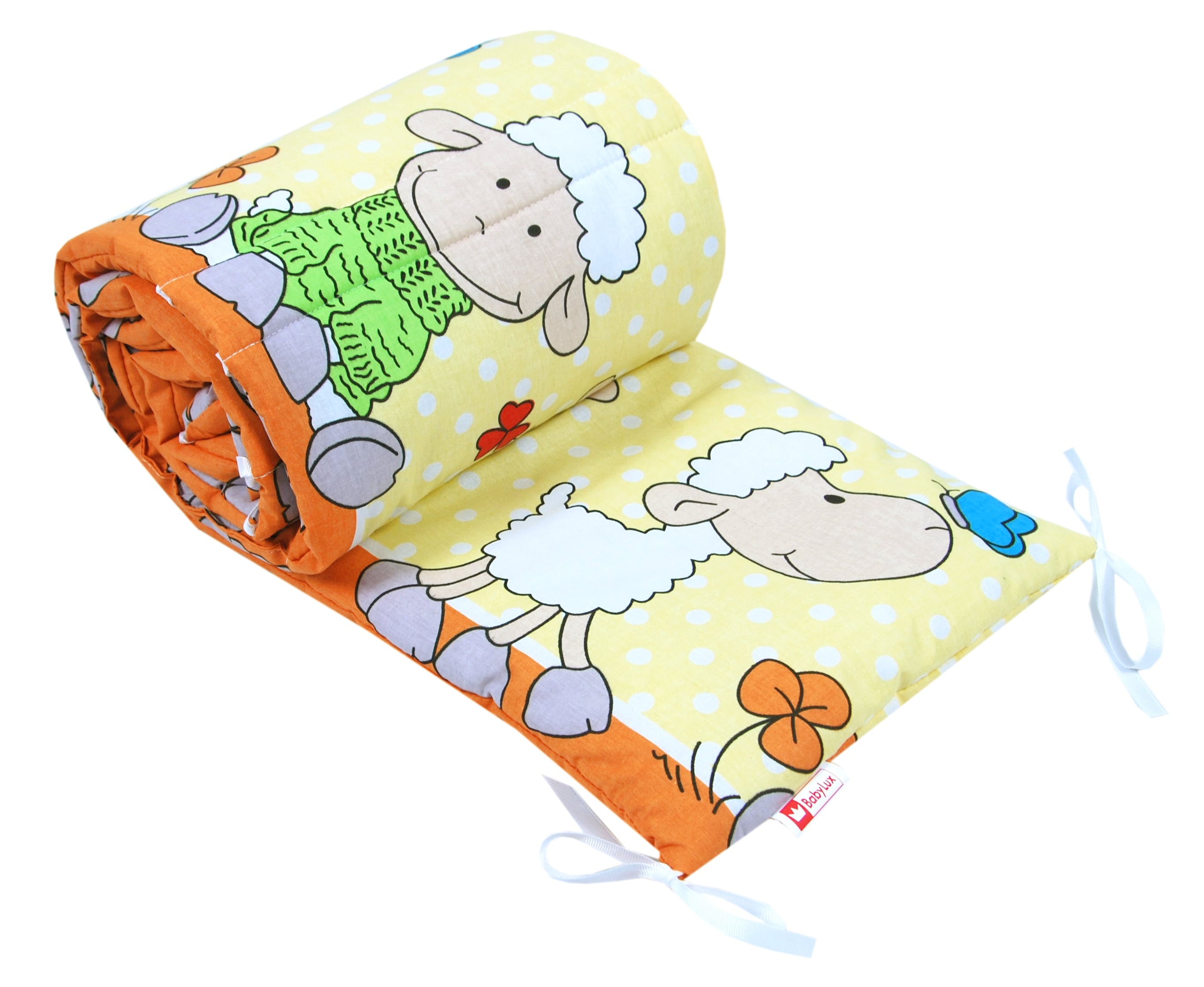 BabyLux Nestchen Bettumrandung 210x30 cm – Kopfschutz für Babybett, Beistellbett & Laufgitter – Weiche Gitterbett-Polsterung - Baumwolle 4. Orange Schaf