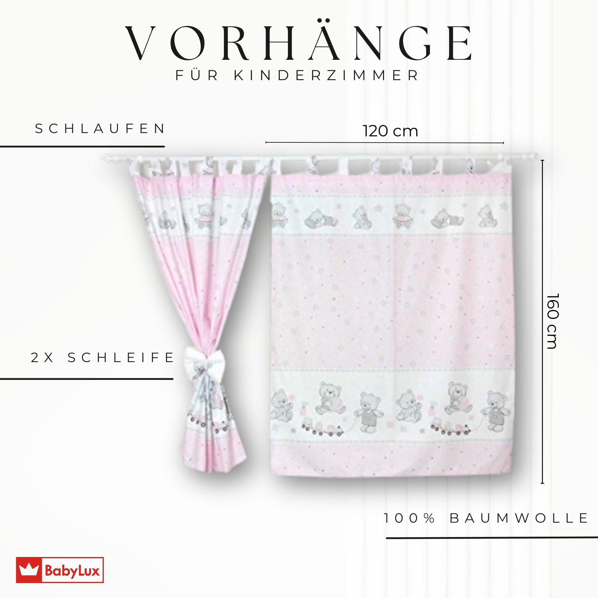 BABYLUX Kinderzimmer VORHÄNGE mit Schlaufen 71. Bär Cookie Rosa
