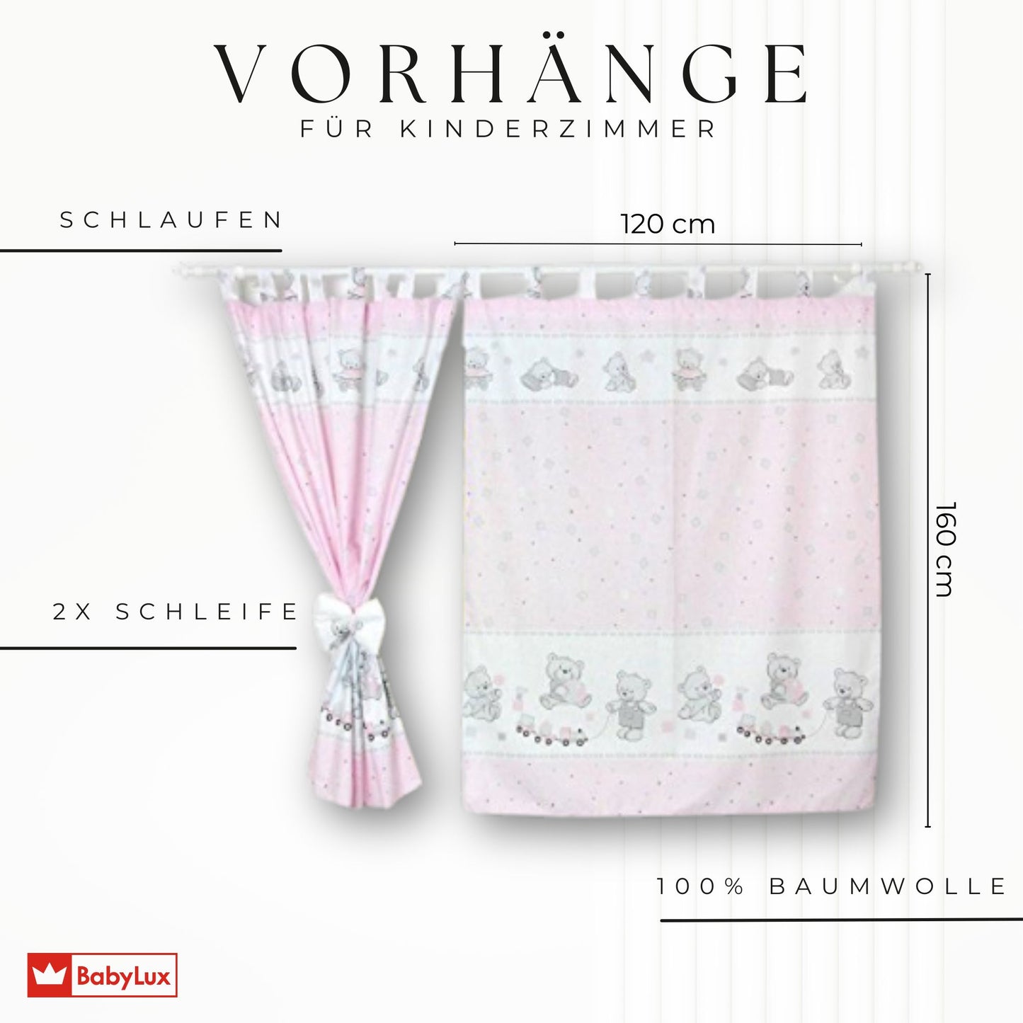 BABYLUX Kinderzimmer VORHÄNGE mit Schlaufen 71. Bär Cookie Rosa