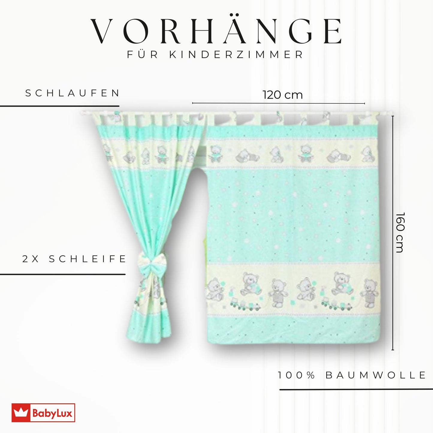 BABYLUX Kinderzimmer VORHÄNGE mit Schlaufen 72. Bär Cookie Minze
