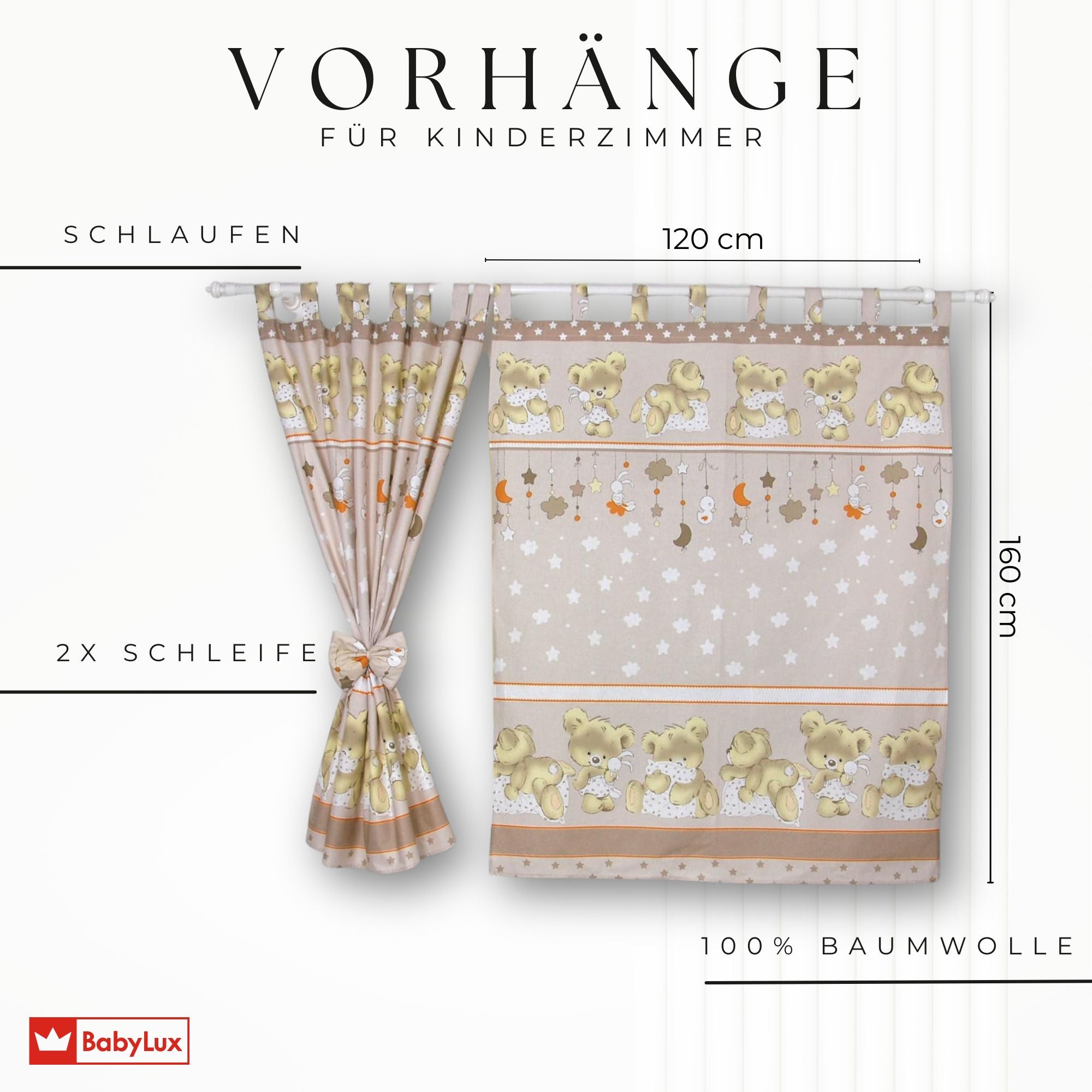 BABYLUX Kinderzimmer VORHÄNGE mit Schlaufen 81. Bäre Beige