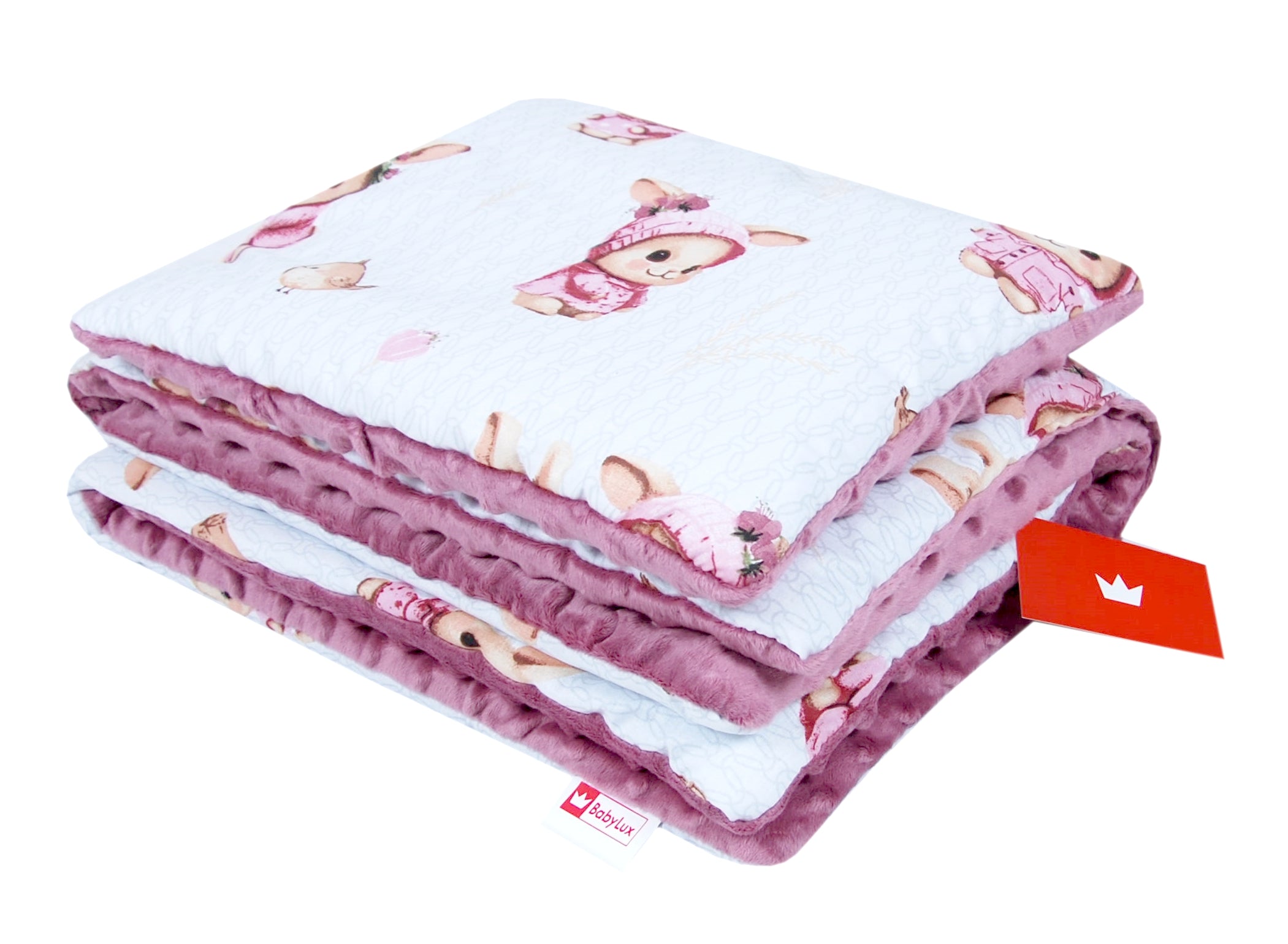 BABYLUX Babydecke Minky Plüsch 75x60 cm mit Kissen 35x30 cm – Weiche Baby Kuscheldecke für Kinderwagen, Neugeborene & Babyschale MP151B Rosa + Häschen