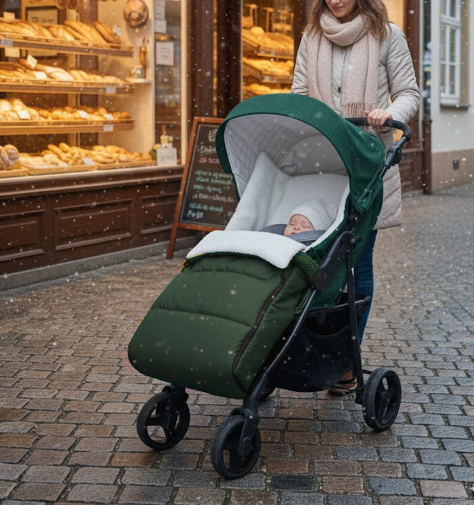 BABYLUX Bouclé Fußsack Kinderwagen 90cm Winter Schlafsack für Buggy, Babyschale BF3 Grün + Boucle Ecru