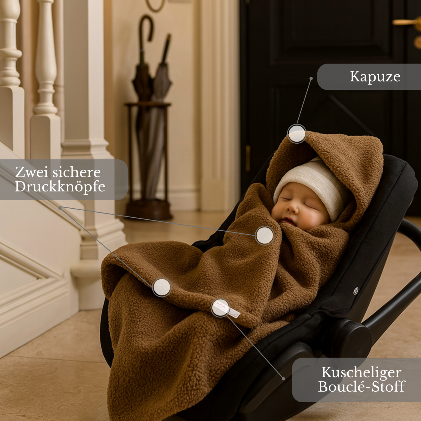 BabyLux Warme Einschlagdecke Bouclé 80x80 cm mit Kapuze für Babyschale Autositz