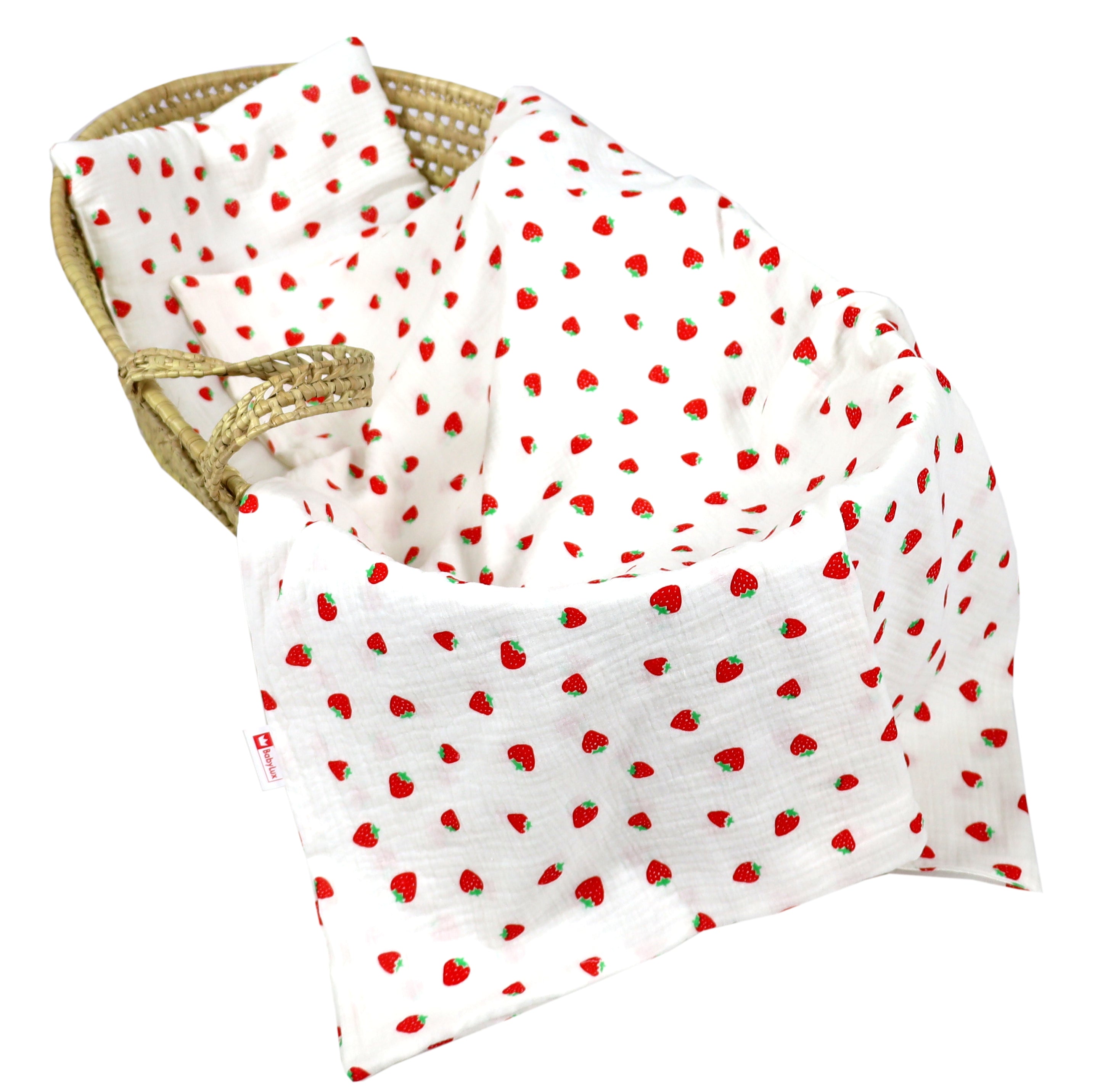 BabyLux Musselin Decke 75 x 100 cm + Kissen für Kinderwagen Wiege Babybett KD9 - Erdbeeren