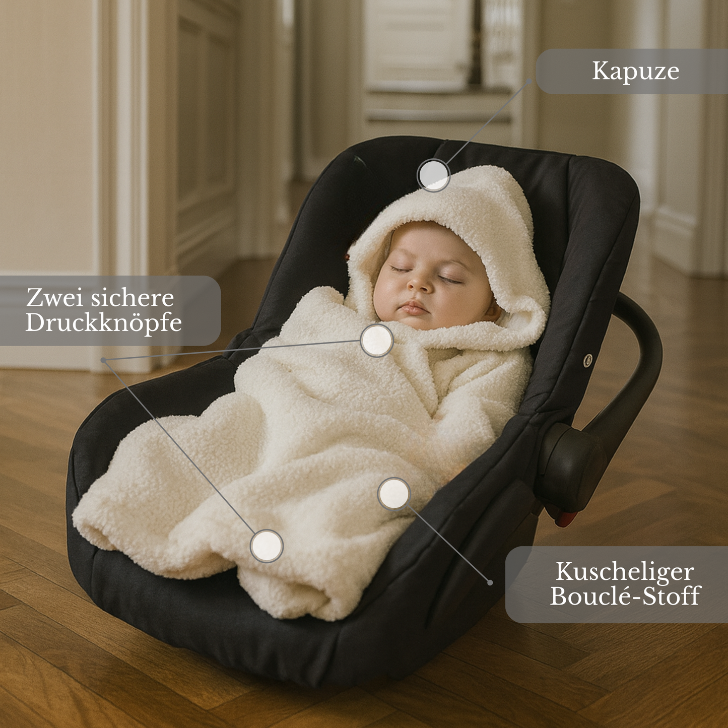 BabyLux Warme Einschlagdecke Bouclé 80x80 cm mit Kapuze für Babyschale Autositz