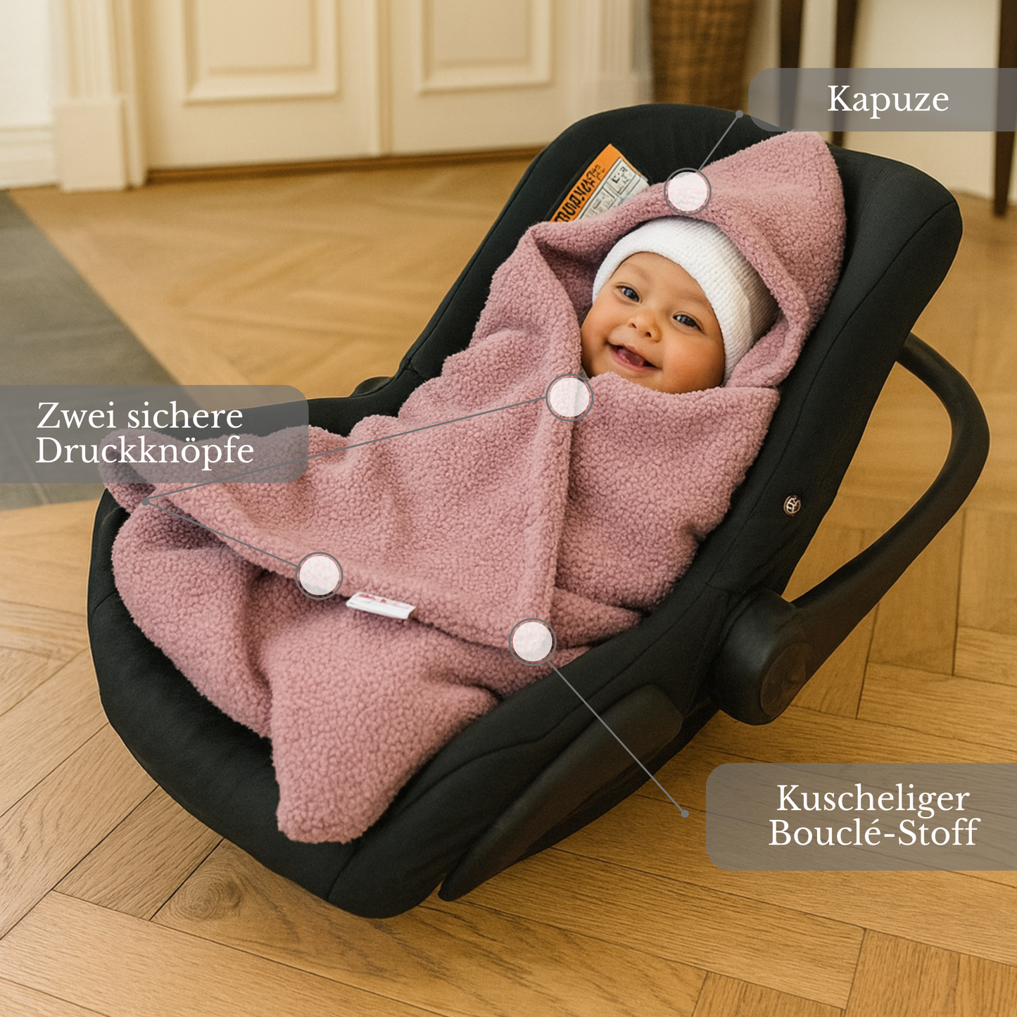 BabyLux Warme Einschlagdecke Bouclé 80x80 cm mit Kapuze für Babyschale Autositz