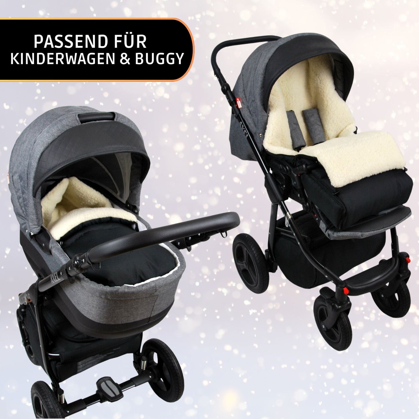 BABYLUX Fußsack LAMMWOLLE 90cm Winterfußsack Kinderwagen Babyschale Schwarz