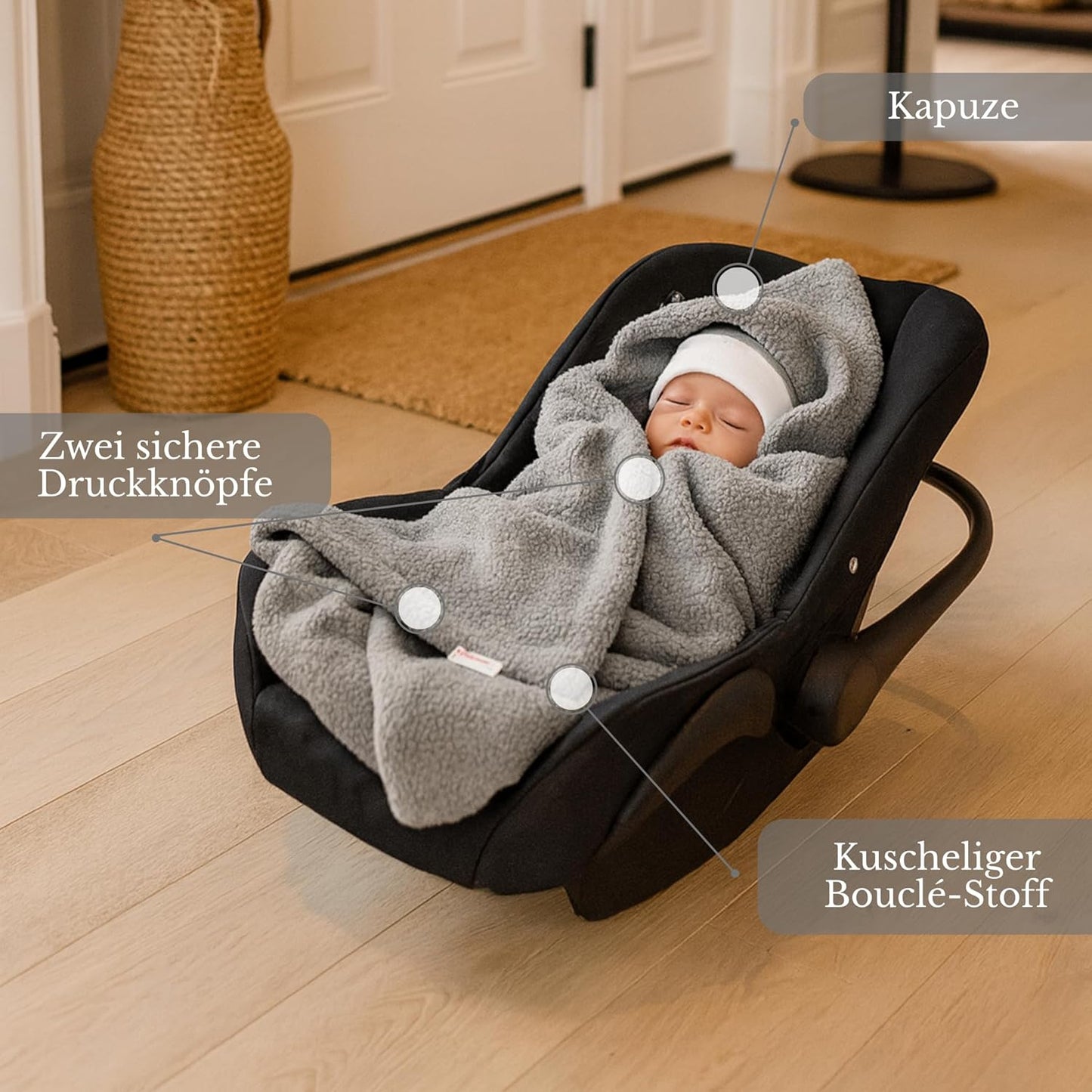 BabyLux Warme Einschlagdecke Bouclé 80x80 cm mit Kapuze für Babyschale Autositz