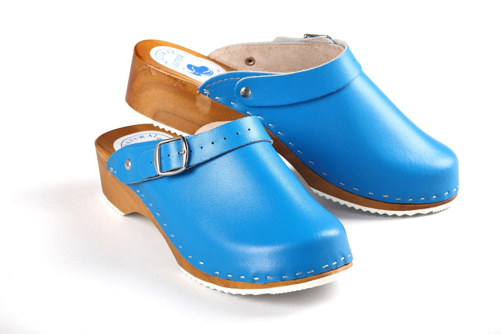 CLOGS Pantolette Sandalette Holz Leder Holzschuhe Holzclogs Damen Blau 39