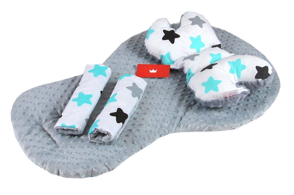 BABYLUX Kinderwagen 3 TLG SITZAUFLAGE Kissen Gurtschoner 8. Grau + Sterne