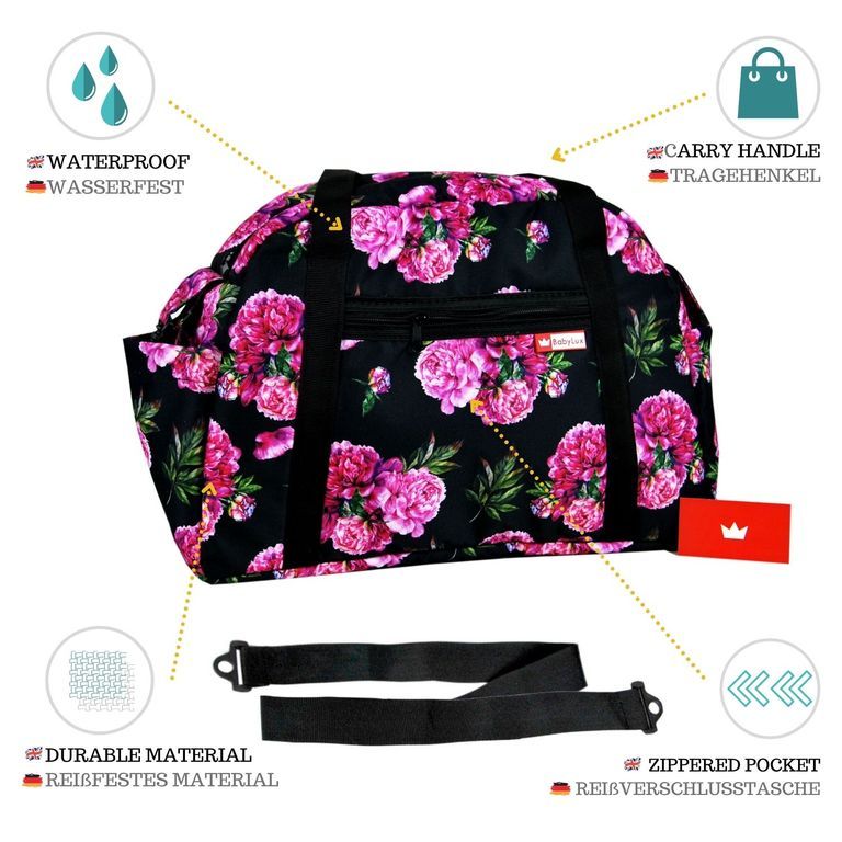 BabyLux Wickeltasche COLORFUL Kinderwagen Buggy Große 77. Schwarz + Päonien
