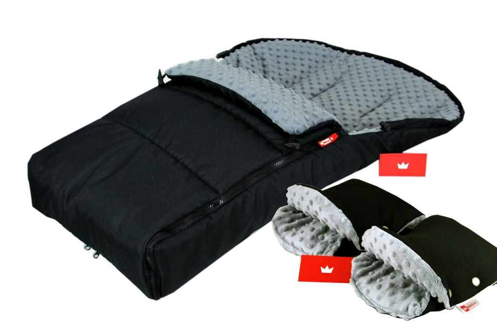 BABYLUX Fußsack 90cm MINKY Kinderwagen Buggy Schwarz + dunkel Grau + Handmuff