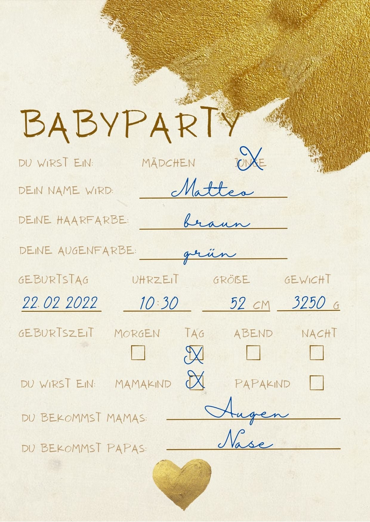 EMI&SAM Babyparty Wunschkarten Karten Junge & Mädchen Baby Shower 20St Gold