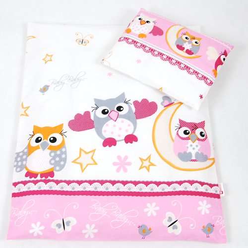 BABYLUX 2 tlg. Set Bezug für Kinderwagen Bettwäsche 60x78cm 56. Eule Rosa