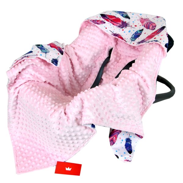 BabyLux EINSCHLAGDECKE 90x90 cm Babyschale Minky Decke 9. Rosa + Feder