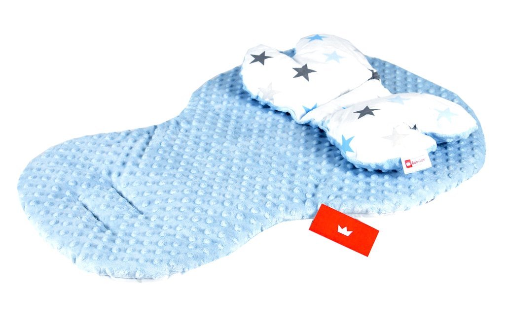BABYLUX Kinderwagen 3 TLG SITZAUFLAGE Kissen Gurtschoner 4. Blau + Sterne