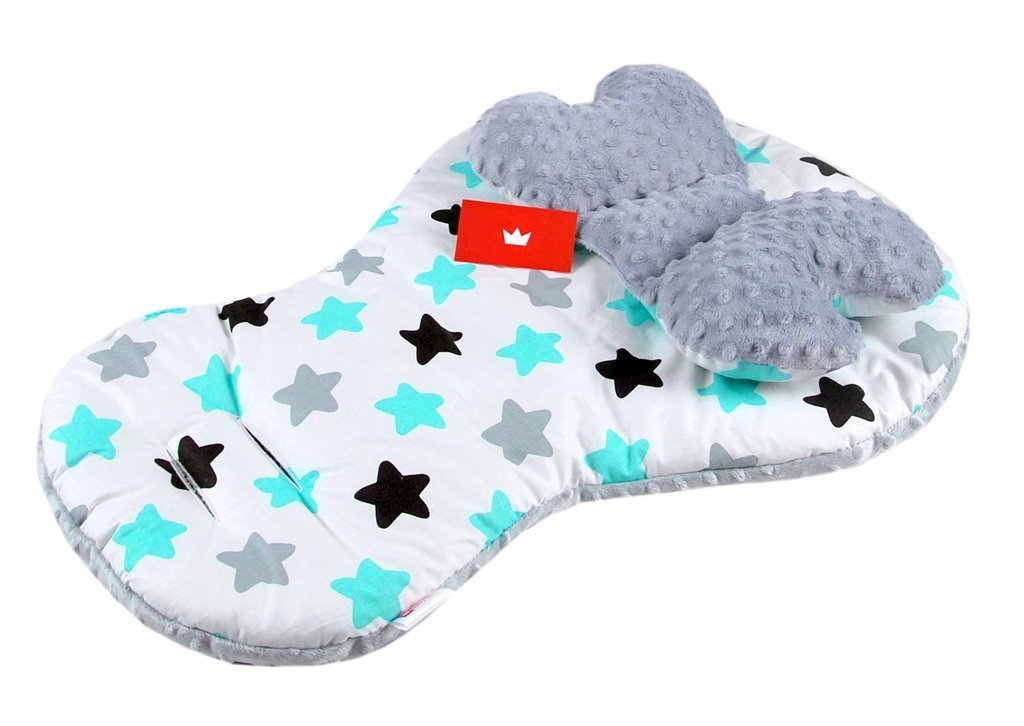 BABYLUX Kinderwagen 3 TLG SITZAUFLAGE Kissen Gurtschoner 8. Grau + Sterne