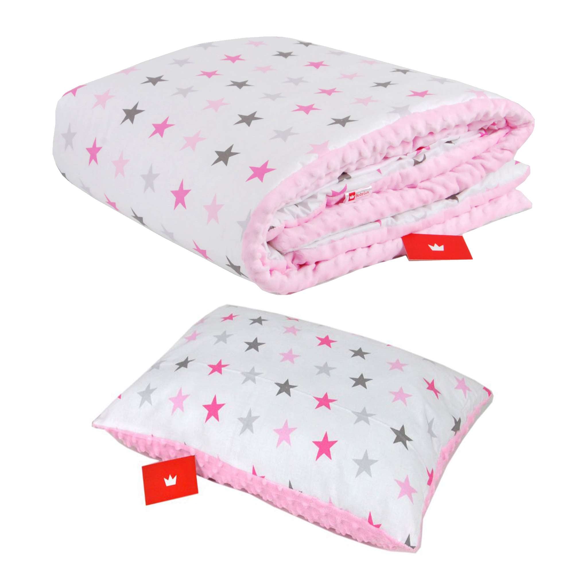 BABYLUX Kuscheldecke 100 x 150 cm Decke Kinderdecke 1.Rosa + Sterne mit Kissen