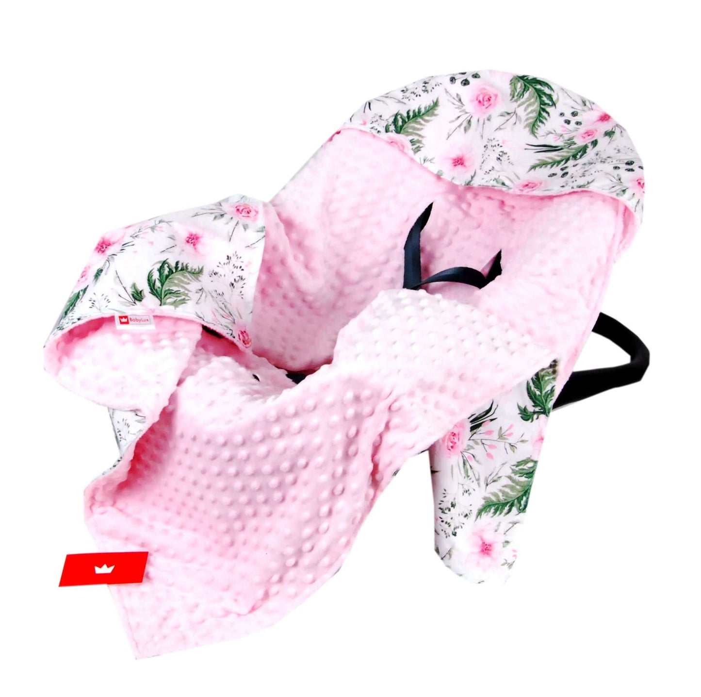 BabyLux EINSCHLAGDECKE 90x90 cm Babyschale Minky Decke 13. Rosa + Wilde Blüten