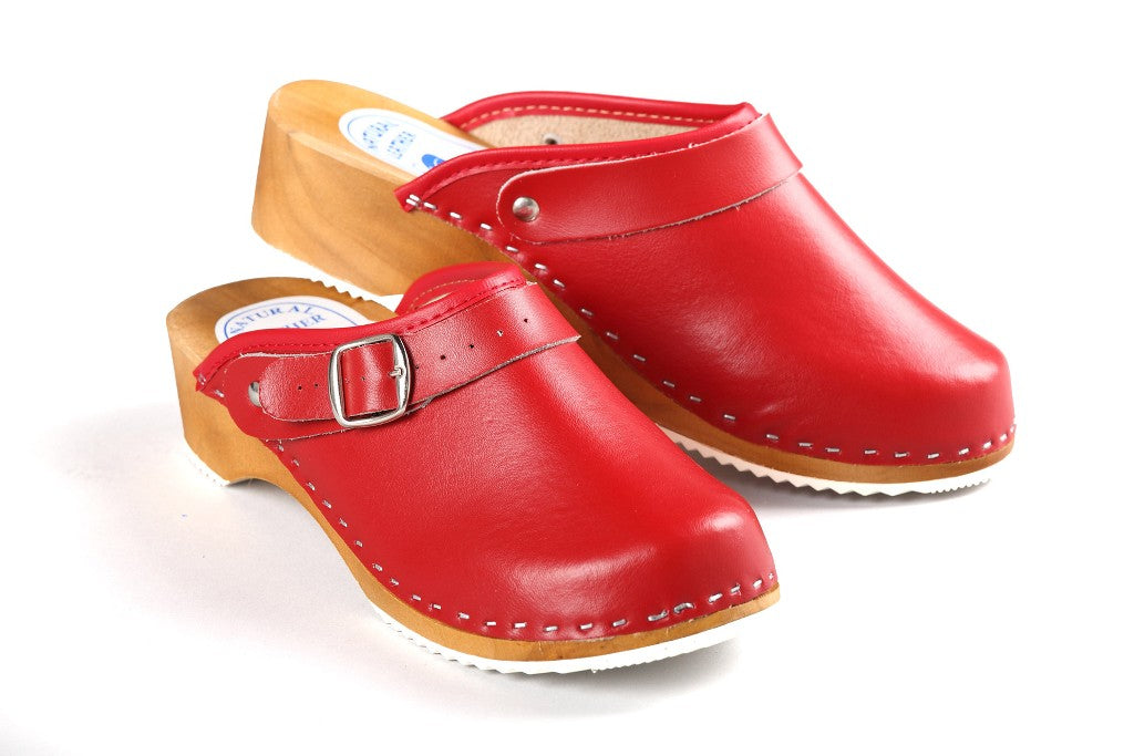 CLOGS Pantolette Sandalette Holz Leder Holzschuhe Holzclogs Damen Rot 40