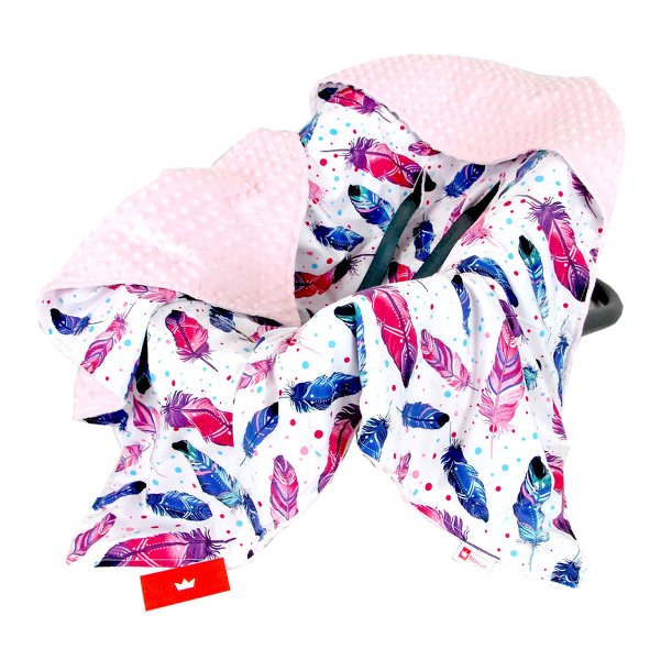 BabyLux EINSCHLAGDECKE 90x90 cm Babyschale Minky Decke 9. Rosa + Feder