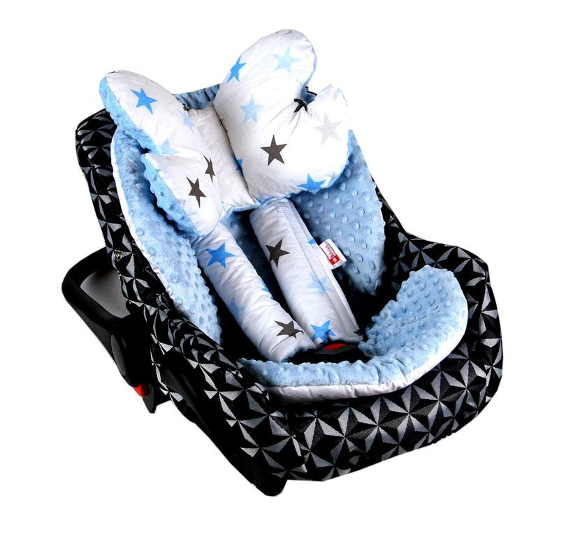 BABYLUX Kinderwagen 3 TLG SITZAUFLAGE Kissen Gurtschoner 4. Blau + Sterne