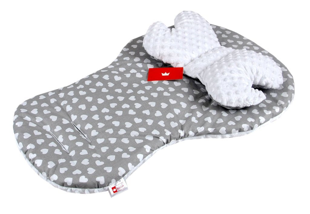 BABYLUX Kinderwagen 3 TLG SITZAUFLAGE Kissen Gurtschoner 7. Weiß + Herzen