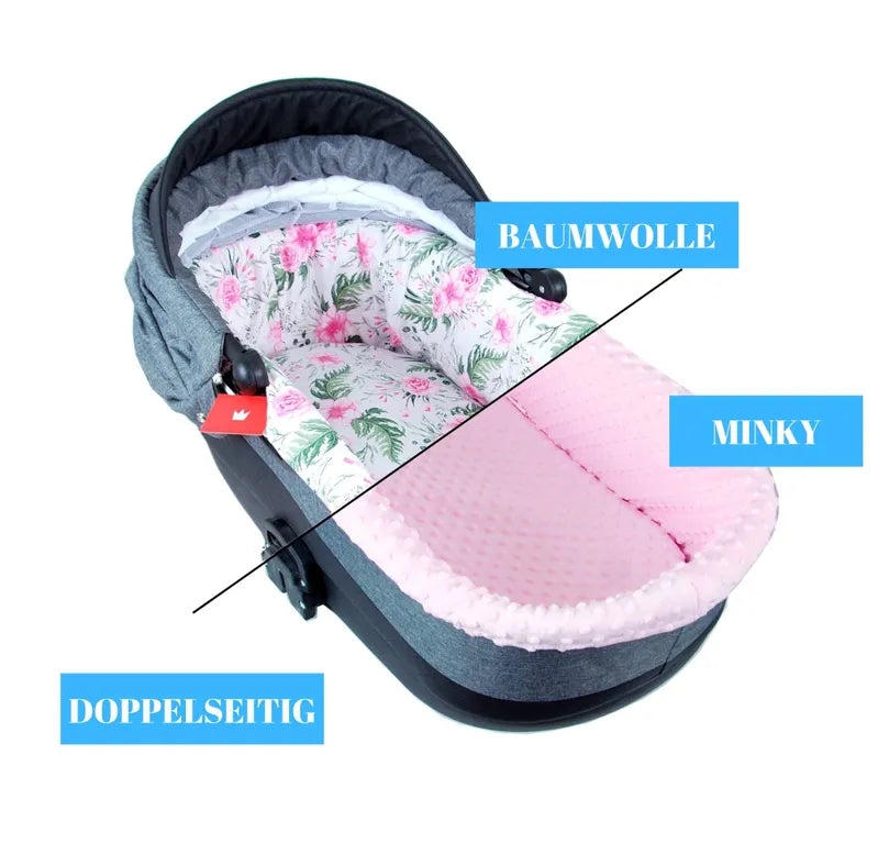 BABYLUX Nestchen für Kinderwagen BABYWANNE Matratze 2Tlg Set W13 Rosa + Blumen