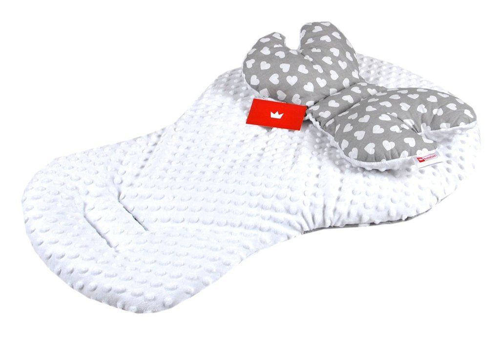 BABYLUX Kinderwagen 3 TLG SITZAUFLAGE Kissen Gurtschoner 7. Weiß + Herzen