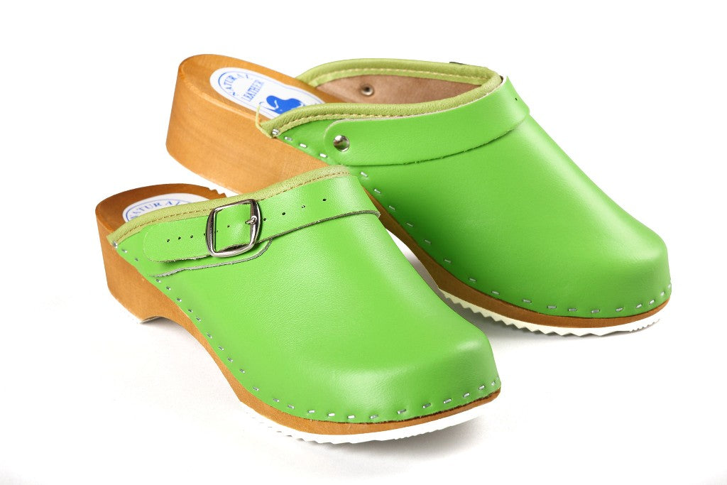 CLOGS Pantolette Sandalette Holz Leder Holzschuhe Holzclogs Damen Grün 41