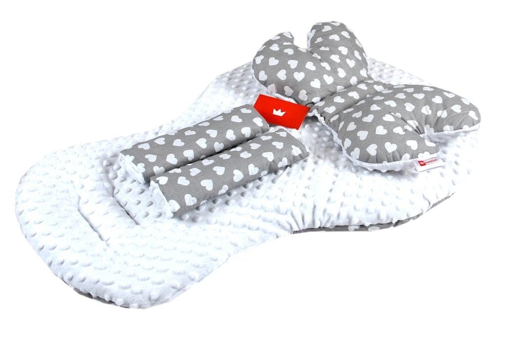 BABYLUX Kinderwagen 3 TLG SITZAUFLAGE Kissen Gurtschoner 7. Weiß + Herzen