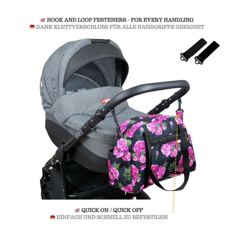 BabyLux Wickeltasche COLORFUL Kinderwagen Buggy Große 77. Schwarz + Päonien