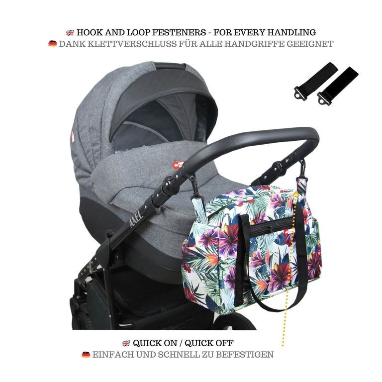 BabyLux Wickeltasche COLORFUL Kinderwagen Buggy Große 80. Grau + Hibiskus