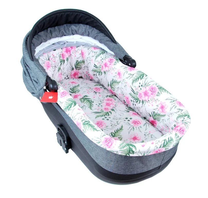 BABYLUX Nestchen für Kinderwagen BABYWANNE Matratze 2Tlg Set W13 Rosa + Blumen