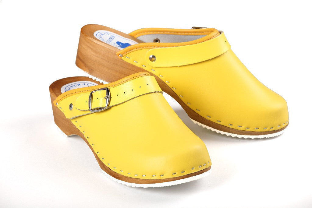CLOGS Pantolette Sandalette Holz Leder Holzschuhe Holzclogs Damen Gelb 41