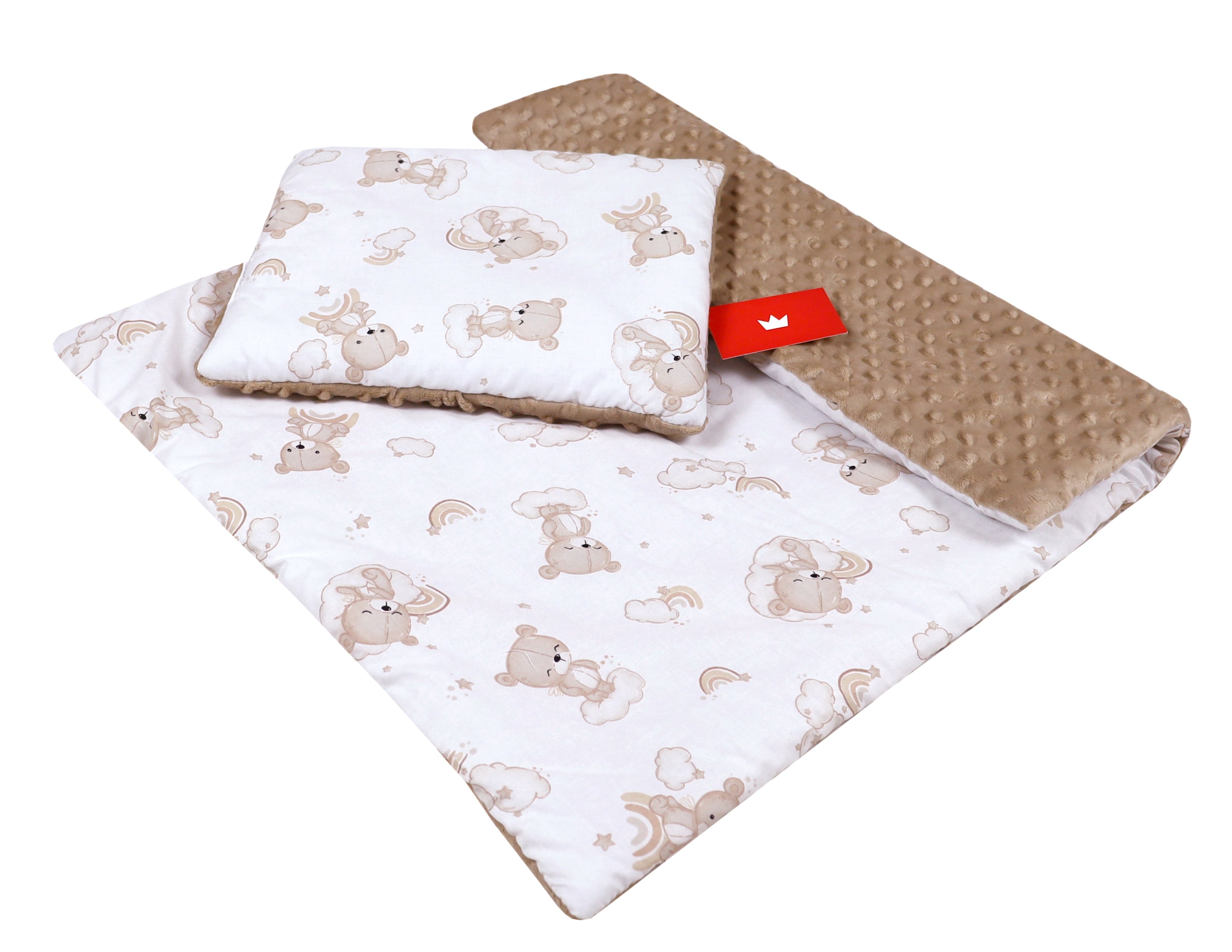 BABYLUX Babydecke Minky Plüsch 75x60 cm mit Kissen 35x30 cm – Weiche Baby Kuscheldecke für Kinderwagen, Neugeborene & Babyschale MP138 - Beige + Bären