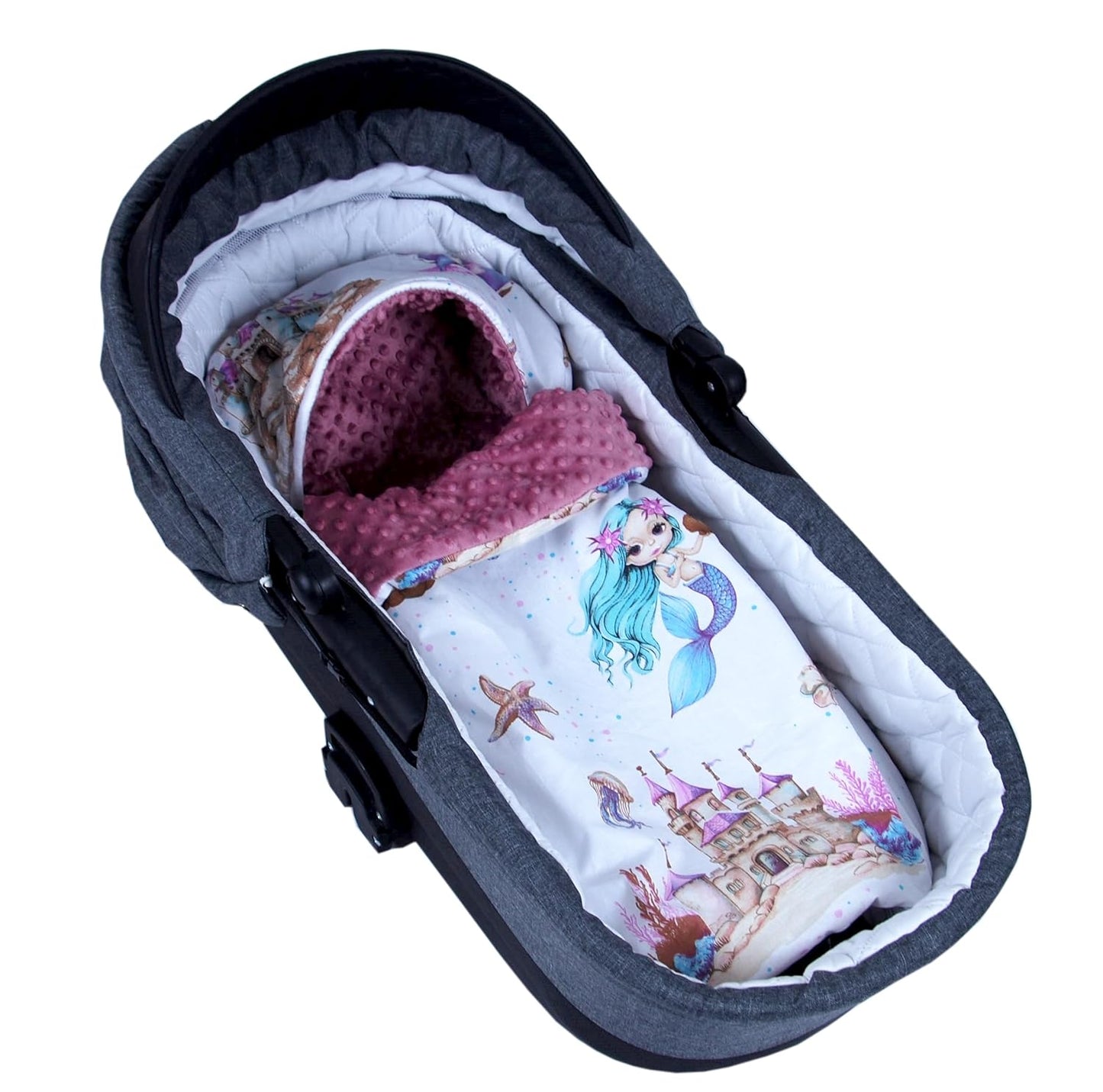 BabyLux Fußsack 90cm Minky Babyschale Buggy Kinderwagen 147. Retro-Rosa + Meerjungfrauen