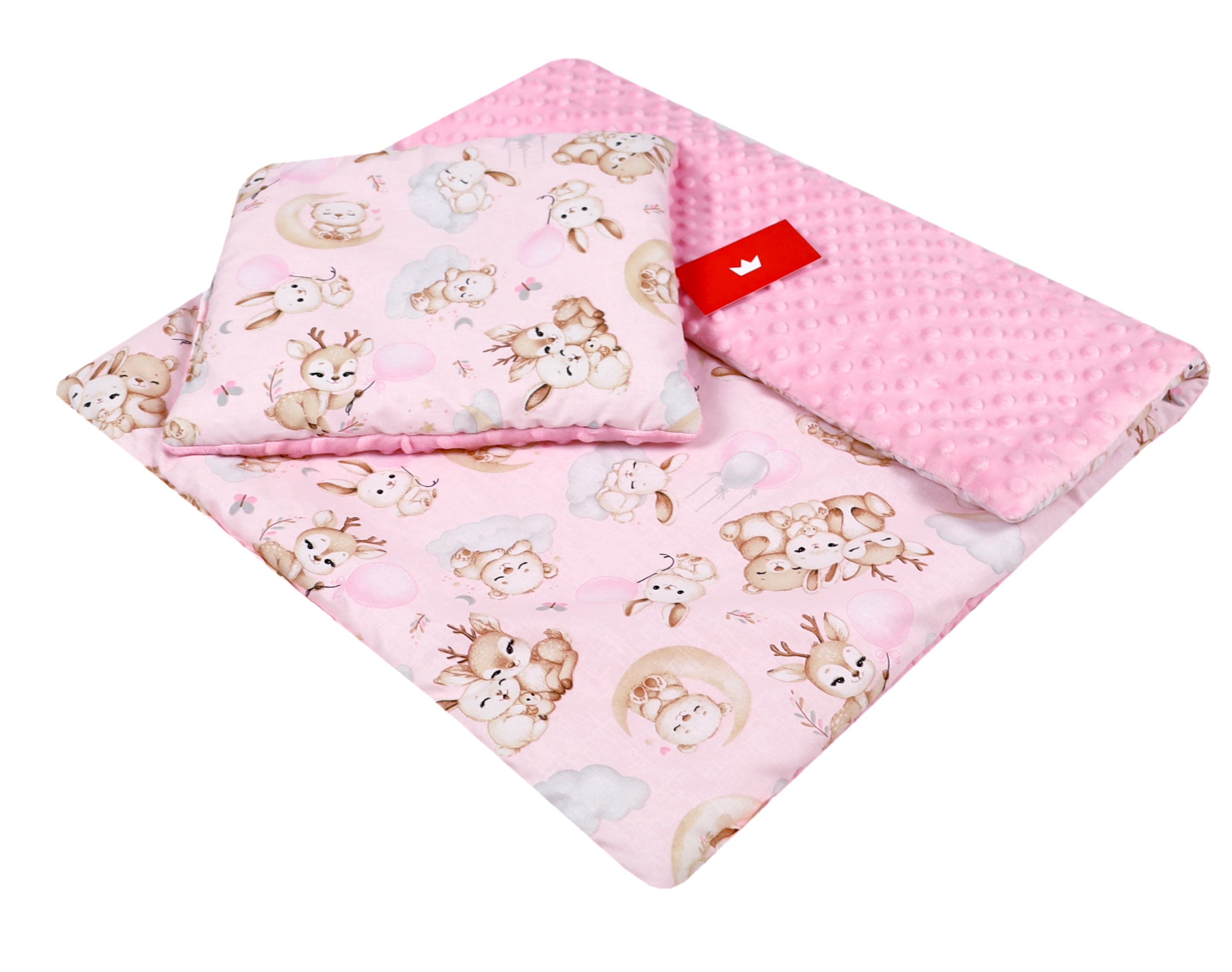 BABYLUX Babydecke Minky Plüsch 75x60 cm mit Kissen 35x30 cm – Weiche Baby Kuscheldecke für Kinderwagen, Neugeborene & Babyschale MP162 Rosa + Schnuckis